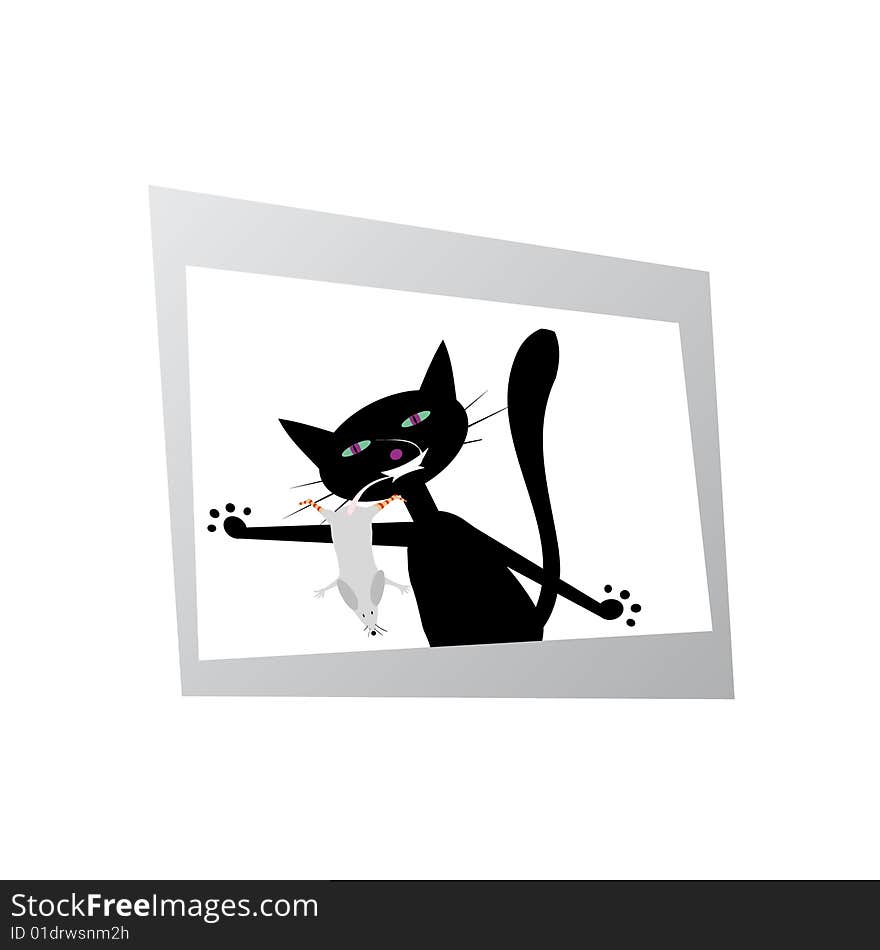 Black cat with funny mouse in the photo. Black cat with funny mouse in the photo