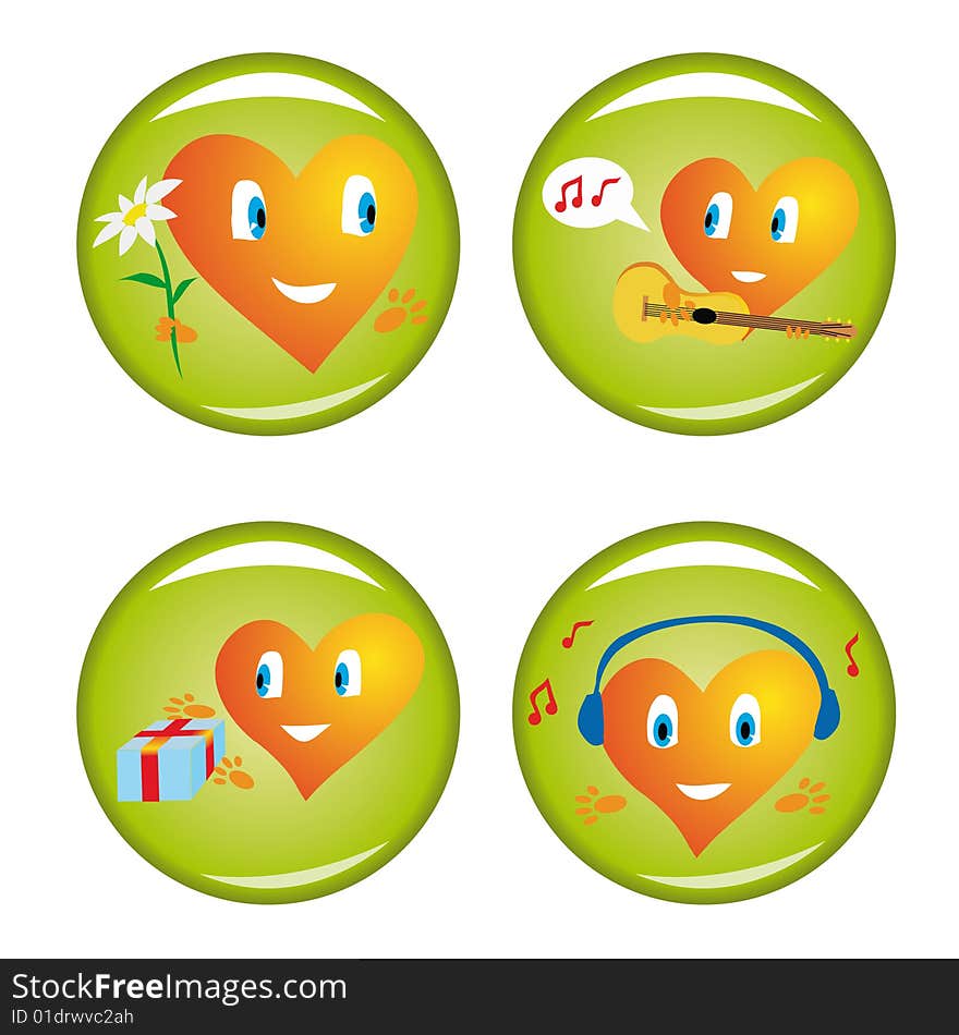 Set of four st. Valentine buttons. Vector illustrations.