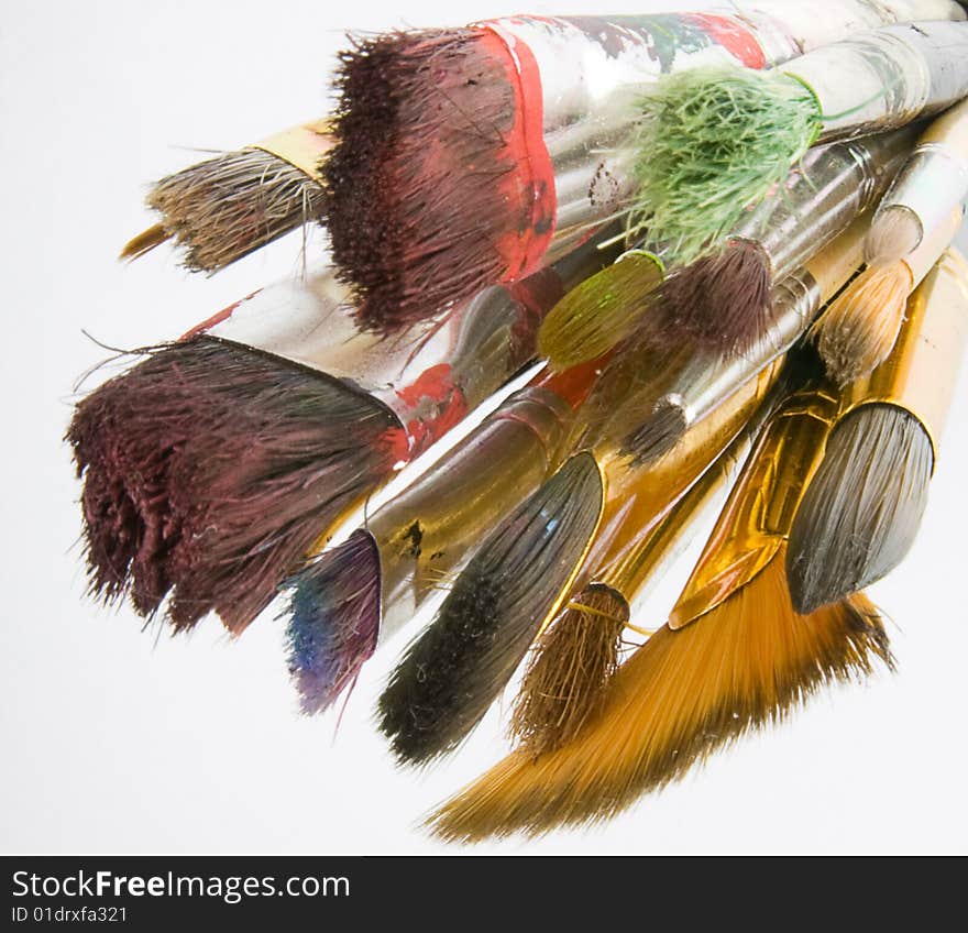 Paint brushes close up on white