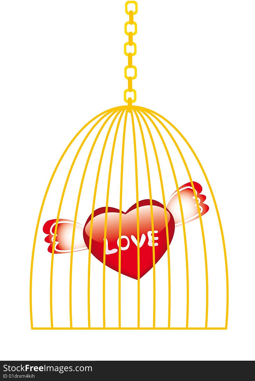 Love in golden cage isolated on white