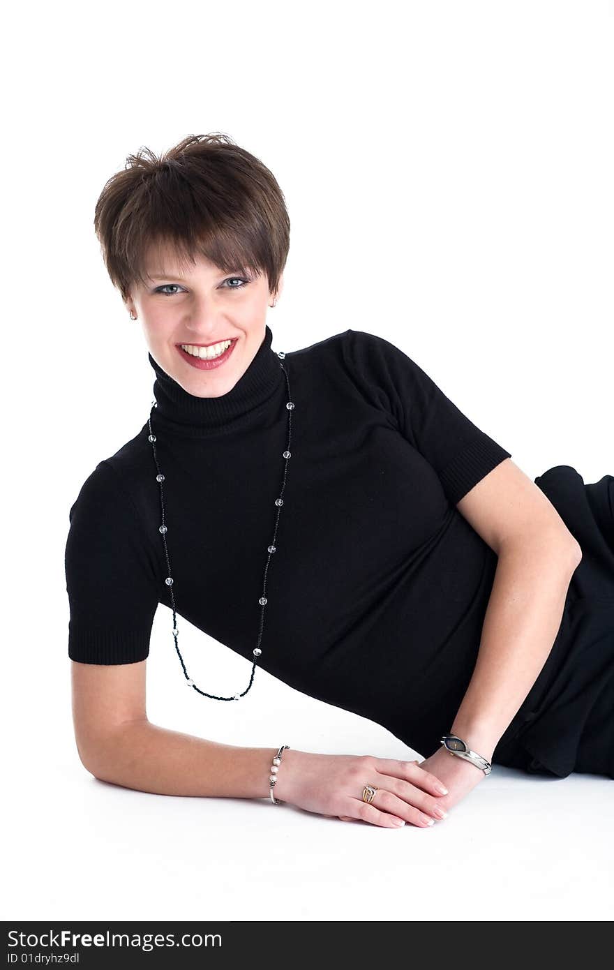 Smiling women in black costume, isolated