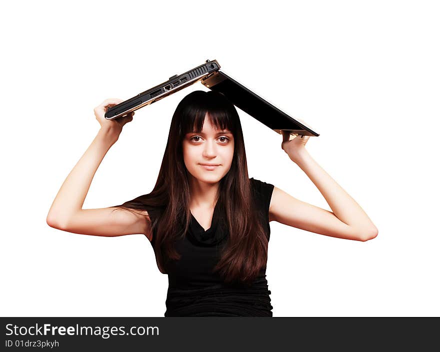 Beautiful young girl holding a blank notecard. isolated on a white background. Beautiful young girl holding a blank notecard. isolated on a white background