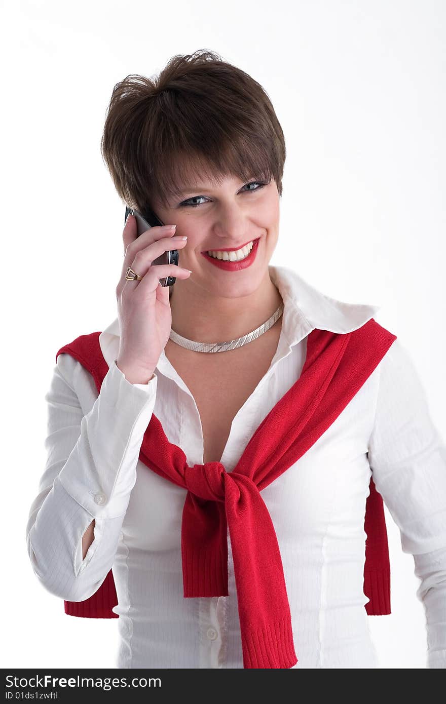 Smiling young women with mobile phone, isolated