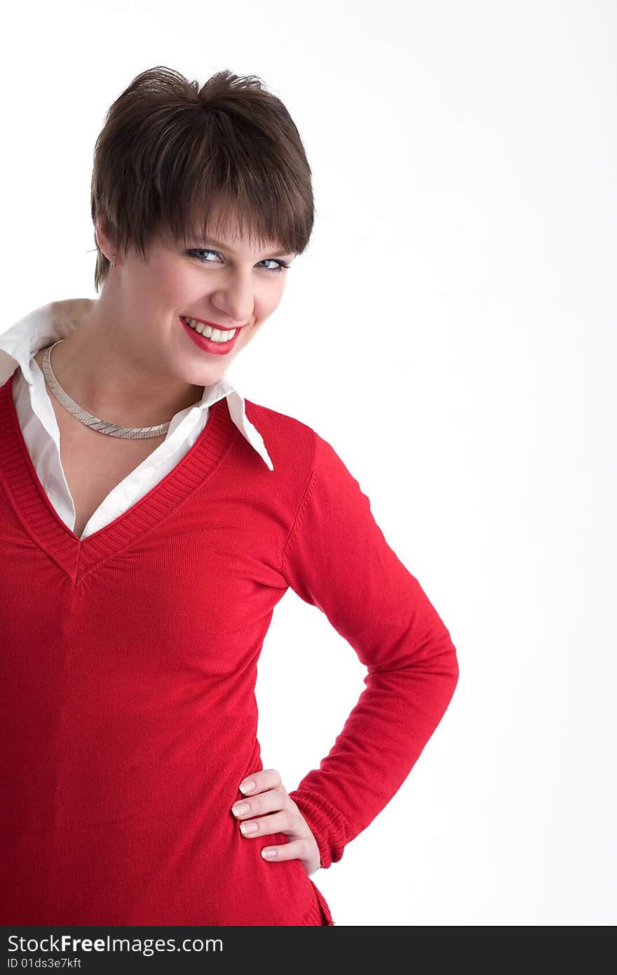 Smiling young women in red, isolated