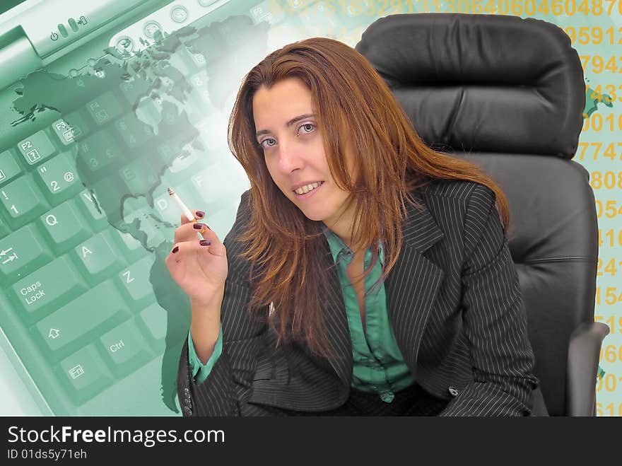 Businesswoman with cigarette with a greenish background