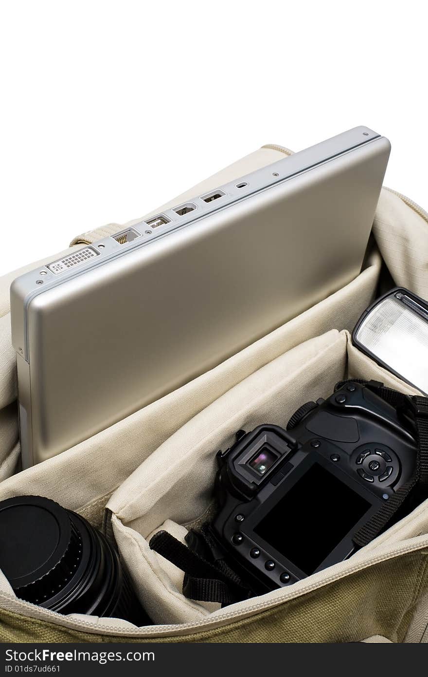 The camera, lens, flash and laptop in a bag