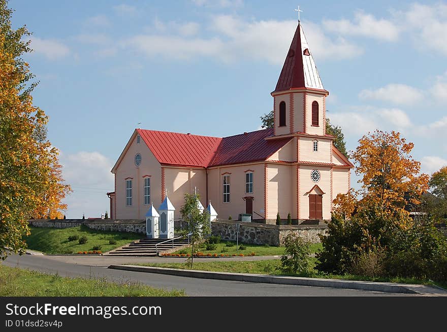 Nice catholic church with red roof