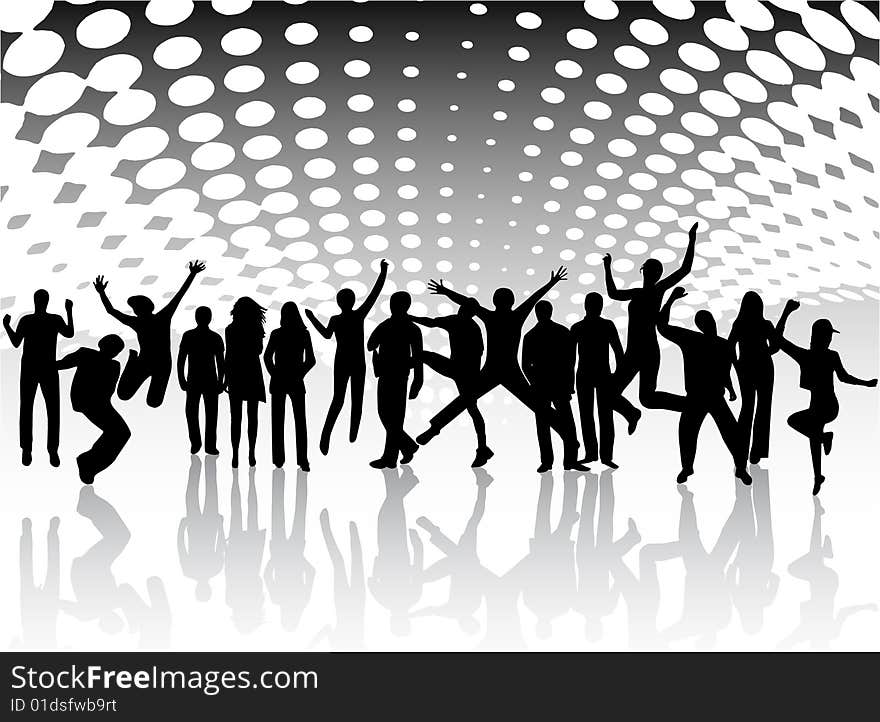 Illustration of people jumping and halftone background