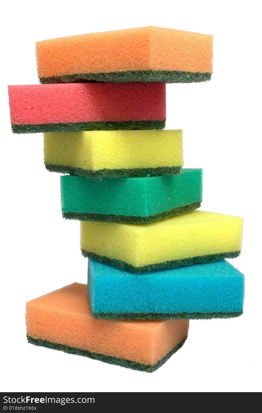 Tower from sponges different colors on a white background it is isolated