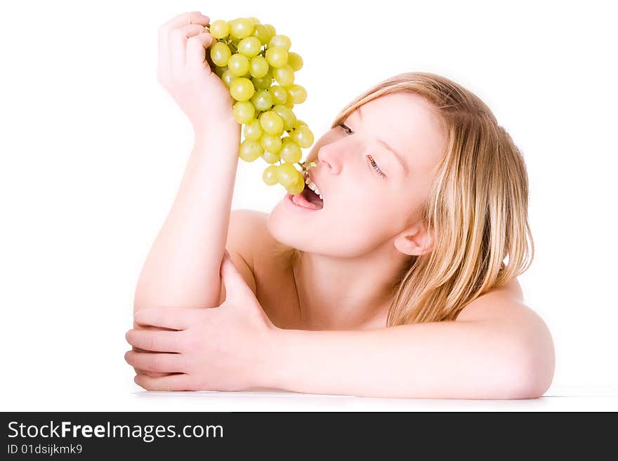 Blond girl with healthy fruit on white. Blond girl with healthy fruit on white