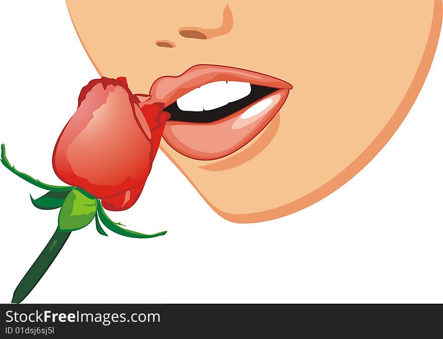 Red Rose And Female Smile. Fragment