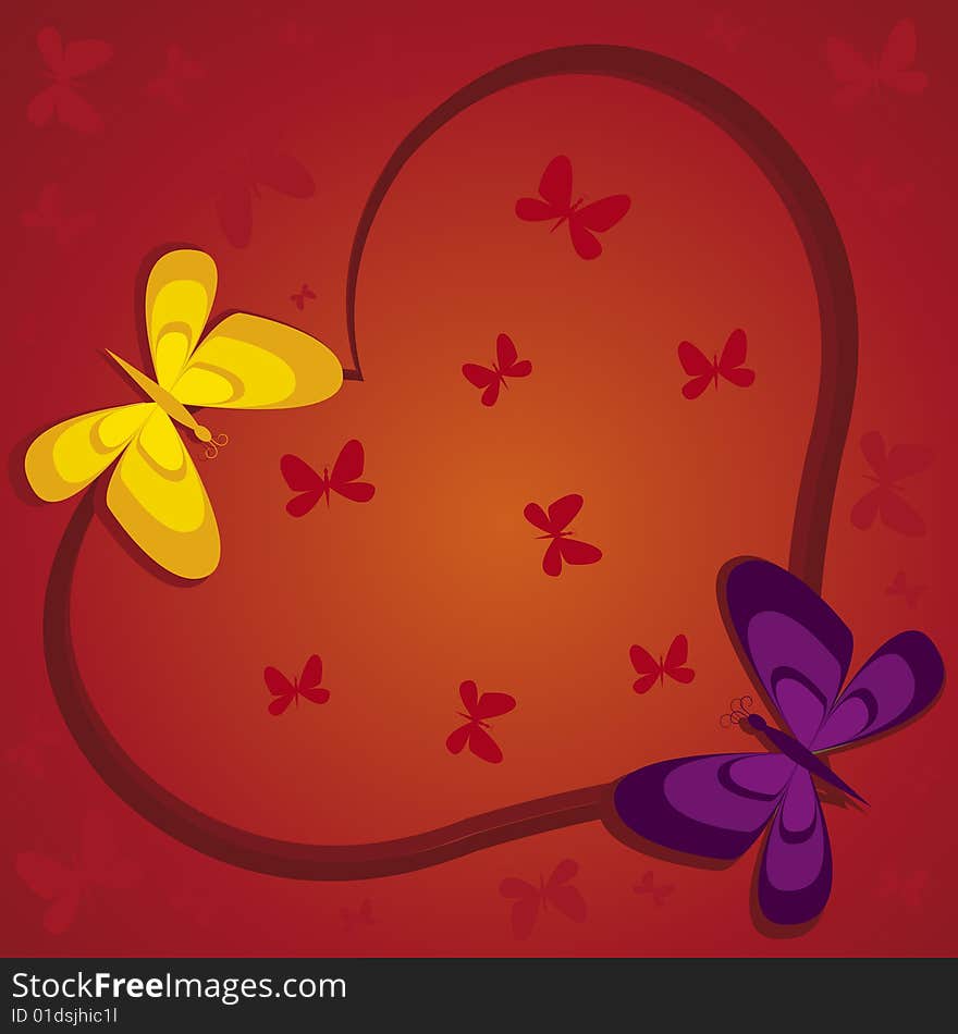 Red heart with two butterflies