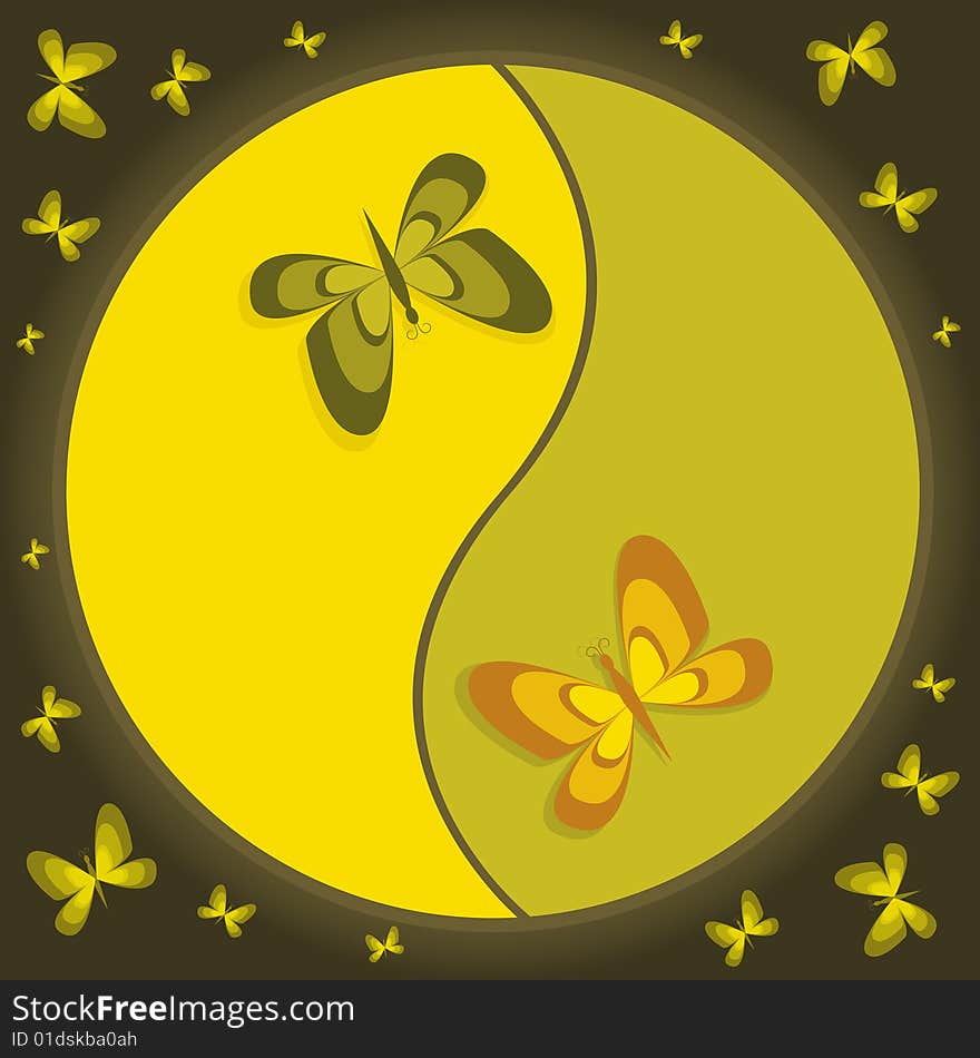 Yellow-green yin-yang symbol with butterflies. Yellow-green yin-yang symbol with butterflies