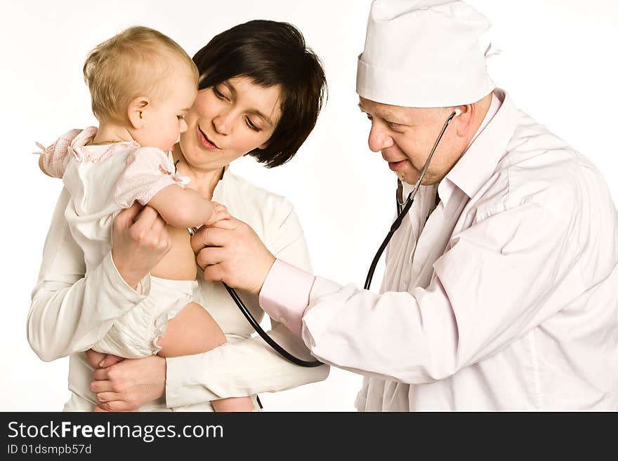 Mother with the little girl on hands stands near to the doctor. Mother with the little girl on hands stands near to the doctor