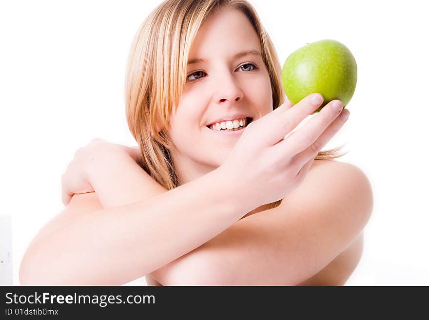 Blond girl with healthy fruit on white. Blond girl with healthy fruit on white