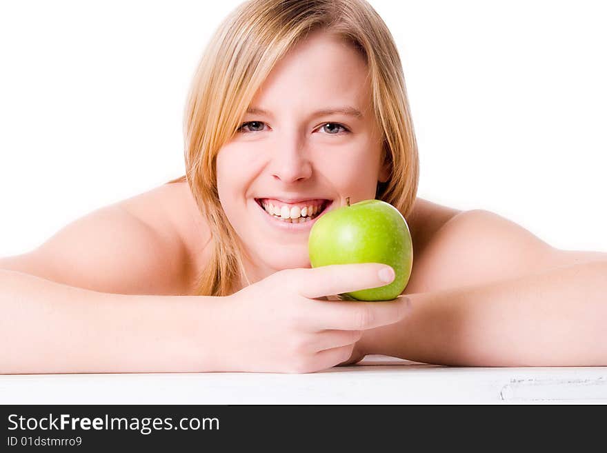 Blond girl with healthy fruit on white. Blond girl with healthy fruit on white