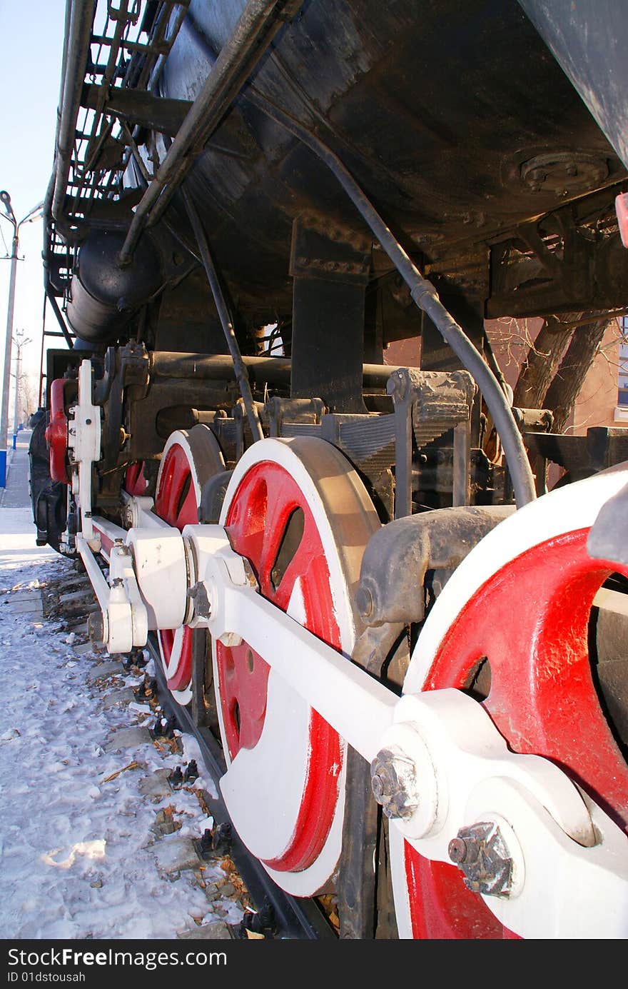 Wheels of a steam locomotive