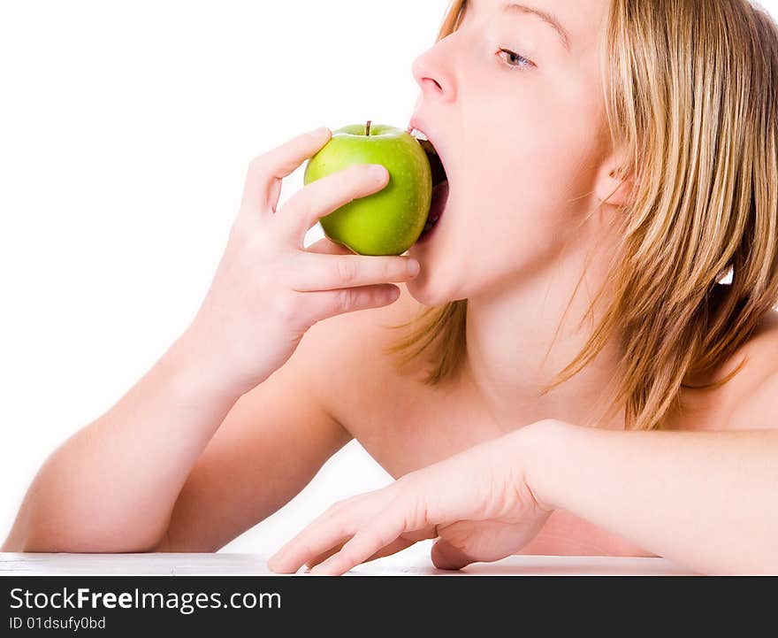 Blond girl with healthy fruit on white. Blond girl with healthy fruit on white