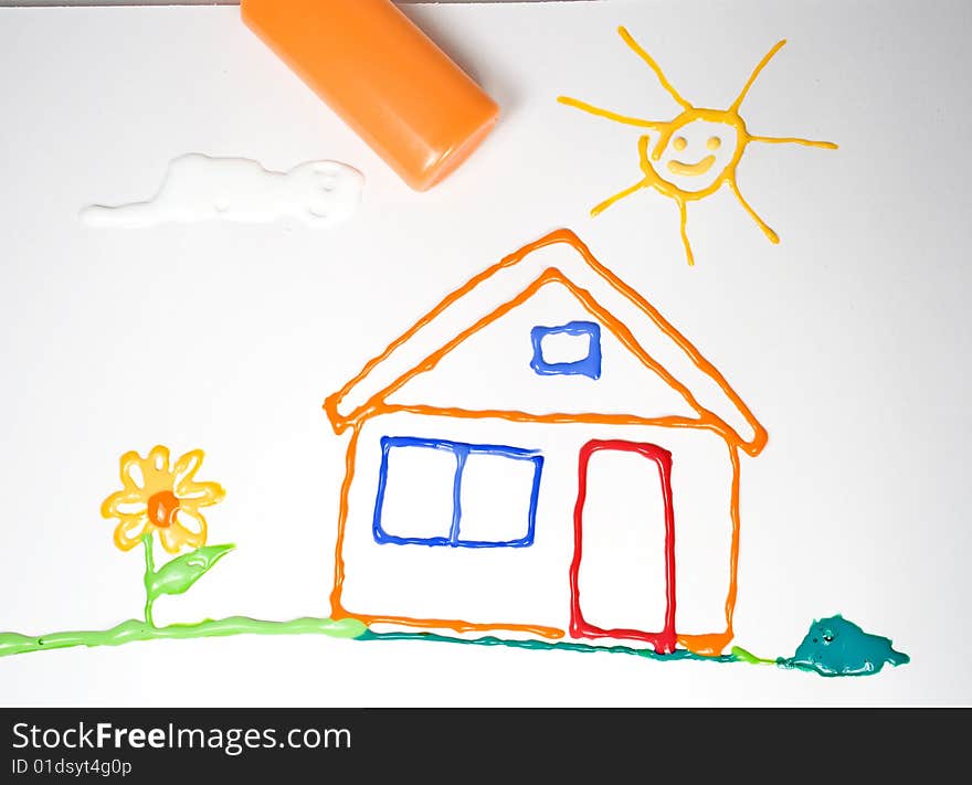 Drawing Of The House With A Flower And Sun