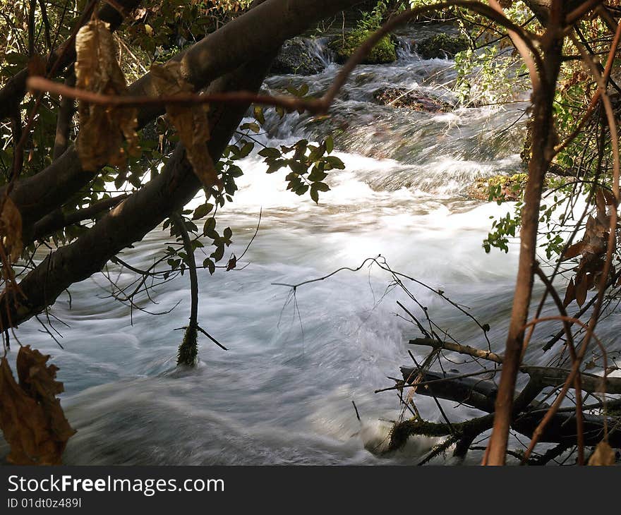 Beautiful cascade waterfall in forest river