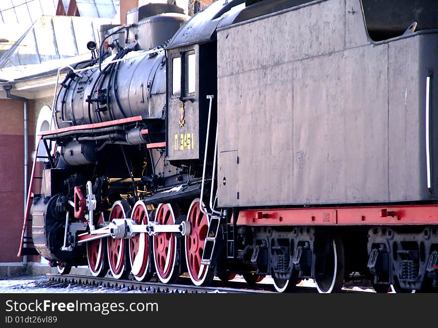 Steam locomotive standing like monument