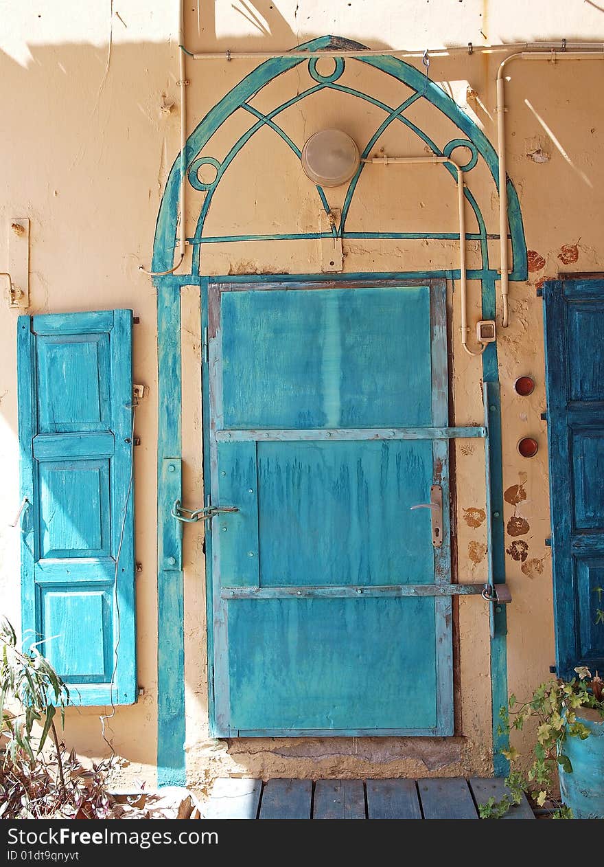 Traditional classical Greek house entrance blue door Greece Aegean Islands. Traditional classical Greek house entrance blue door Greece Aegean Islands