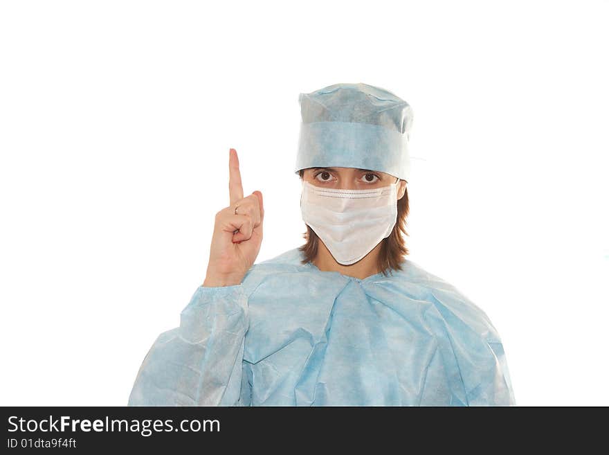 Doctor shown a finger on the white background