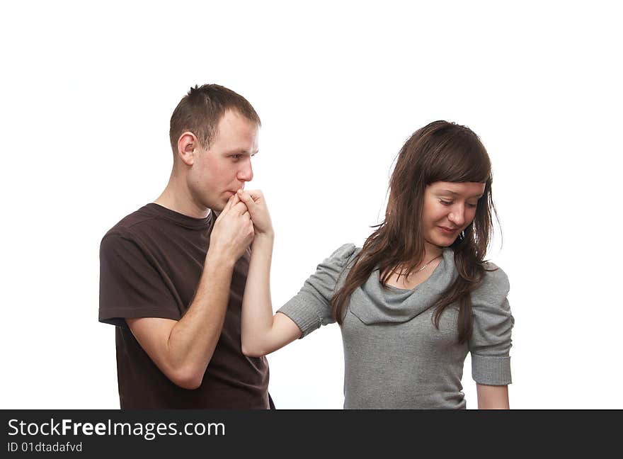 Young man and  young woman on the white background. Young man and  young woman on the white background