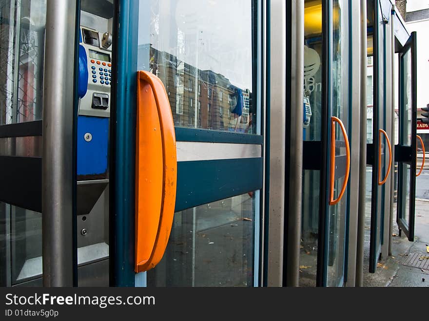 Empty public phone booths in Dublin