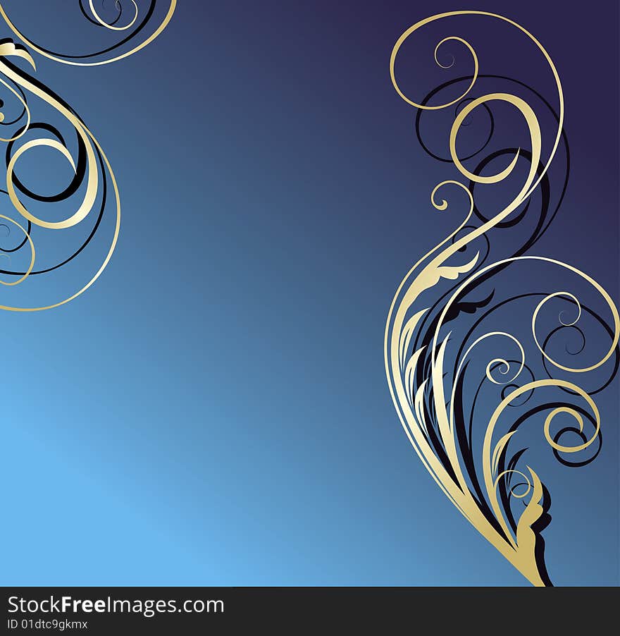 Gold and blue floral background. vector illustration.