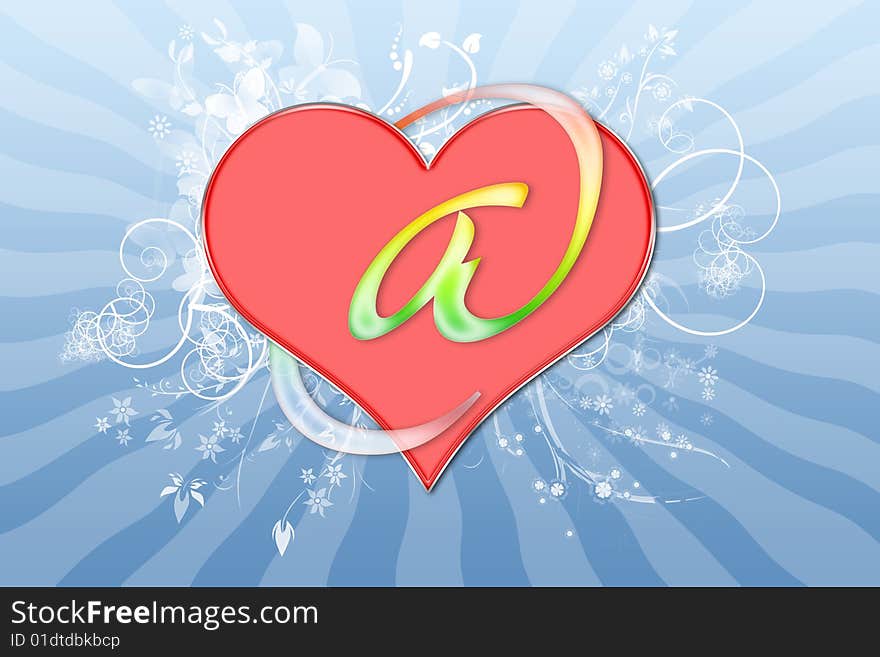 Heart with a symbol of email on blue a background