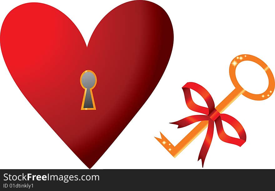 The vector illustration contains the image of heart and key. The vector illustration contains the image of heart and key