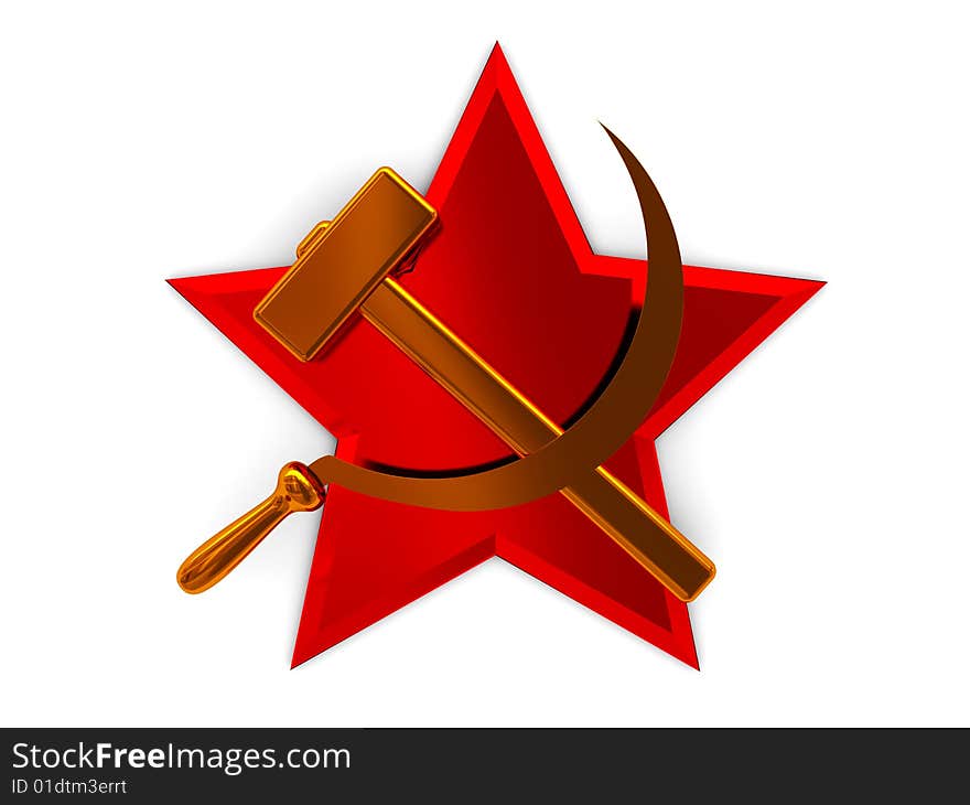 3d illustration of star and sickle over red star, soviet symbol