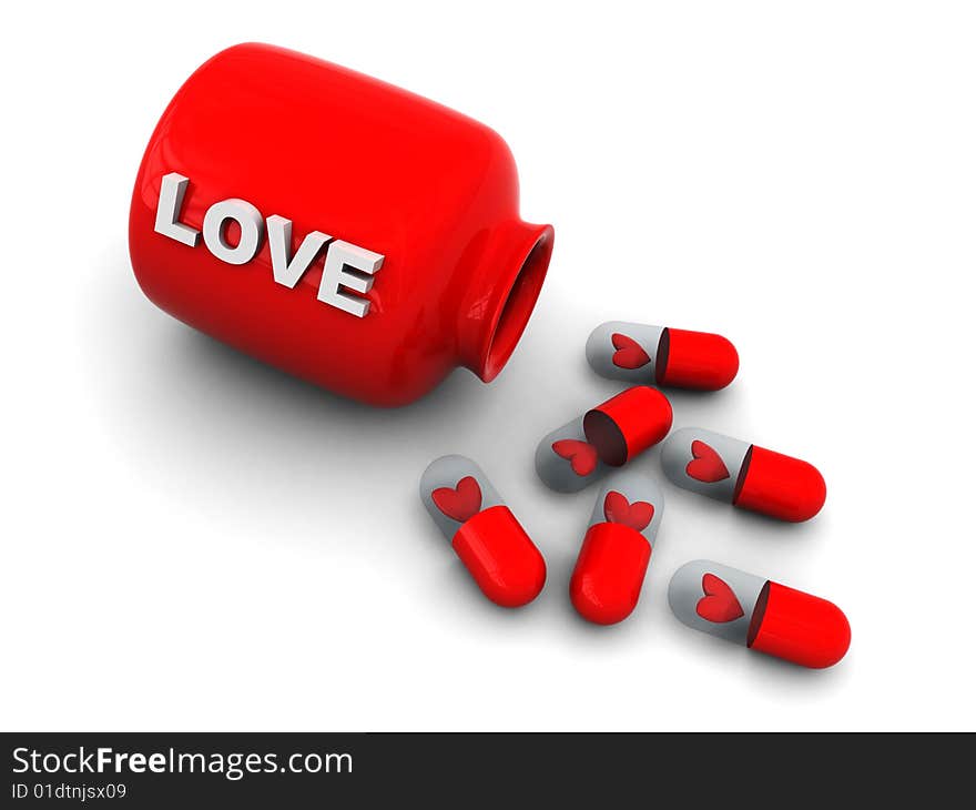 3d illustration of love pills and bottle. 3d illustration of love pills and bottle