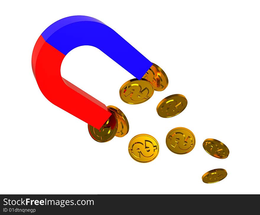 3d illustration of magnet and coins on it. 3d illustration of magnet and coins on it