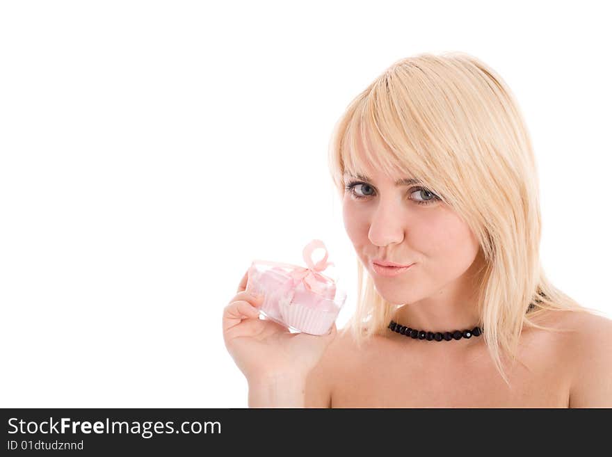 Portrait of sexy girl holding a gift