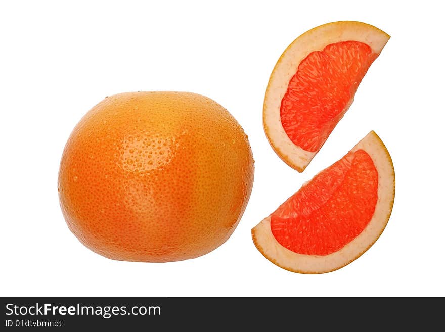 Shot of sliced fresh grapefruit on white background