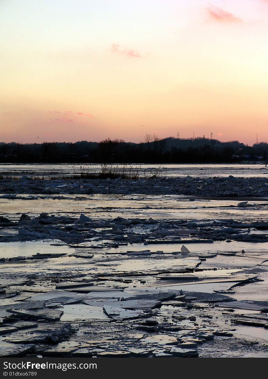 Ice on surface of river, cracked and broken after thaw. Ice on surface of river, cracked and broken after thaw