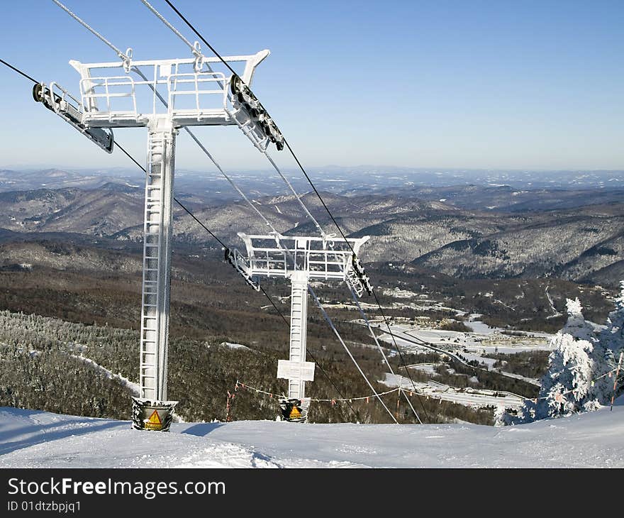 View of a line for Gondolas in ski resort in Vermont, USA.