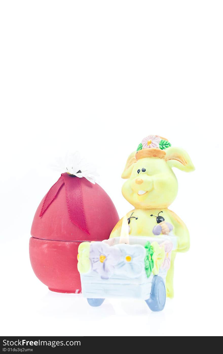 Colorful and diverse Easter decoration with eggs and figurine