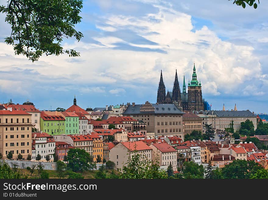 View of the center of old part Prague. Saint Vit cathedral.