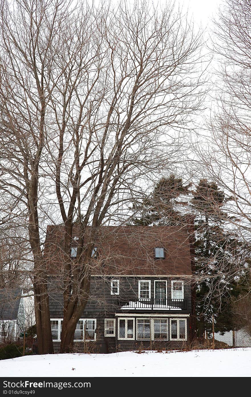 Small Maine house in the winter season.