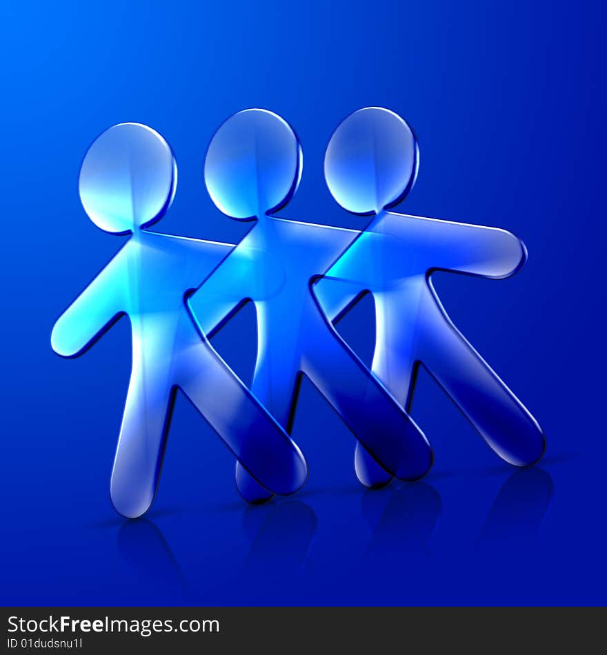 3d illustration of three friends hugging and dancing over a blue background. 3d illustration of three friends hugging and dancing over a blue background.