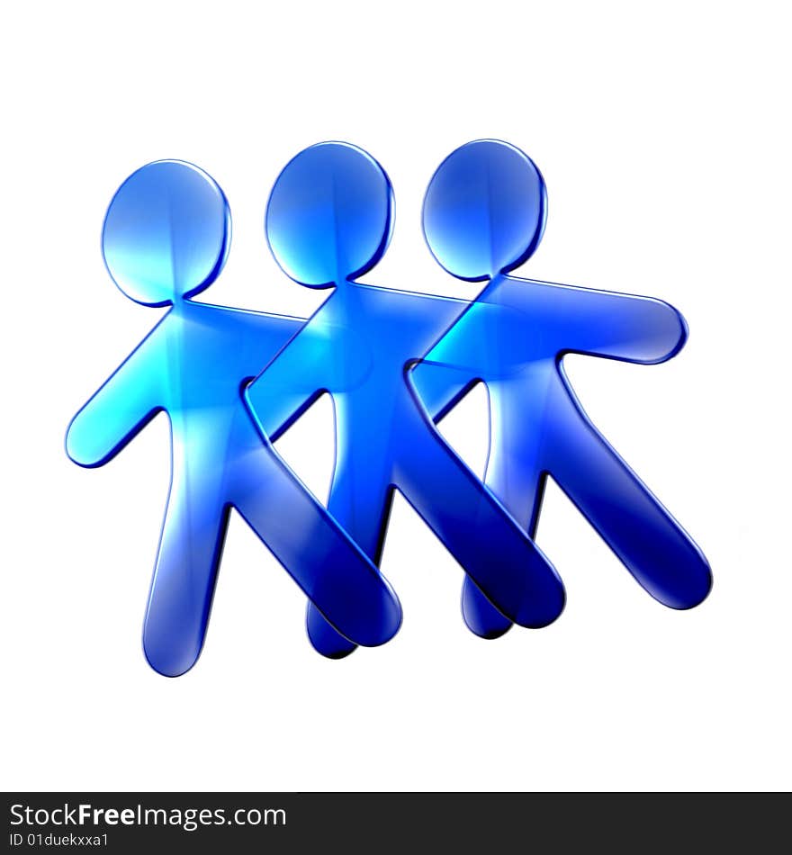 3d illustration of three friends hugging and dancing over a blue background. 3d illustration of three friends hugging and dancing over a blue background.