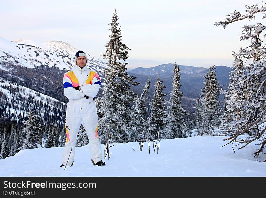 Mountain-skier on the top of mountain. Sheregesh. Russia.