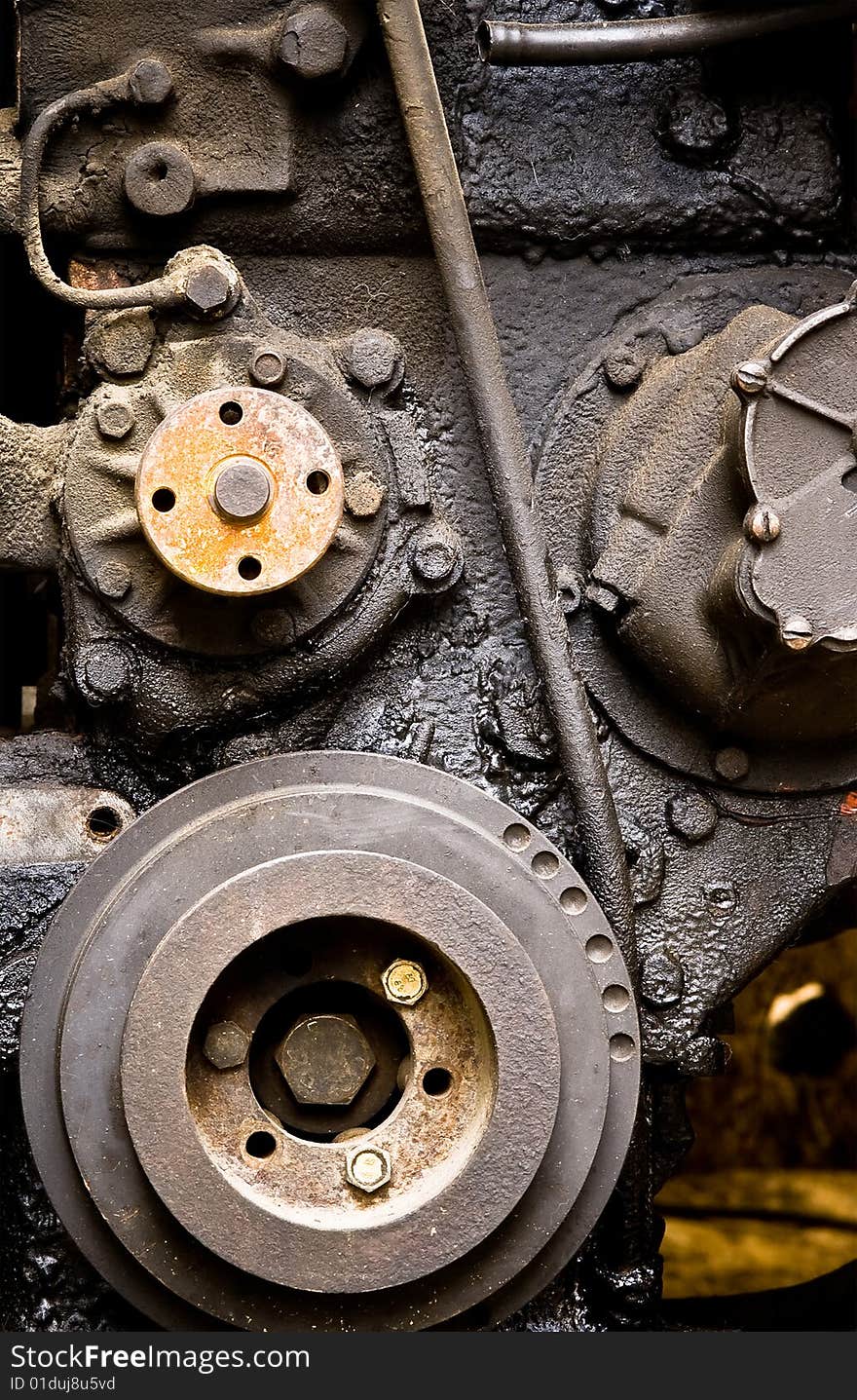 Close-up old diesel car engine. Close-up old diesel car engine