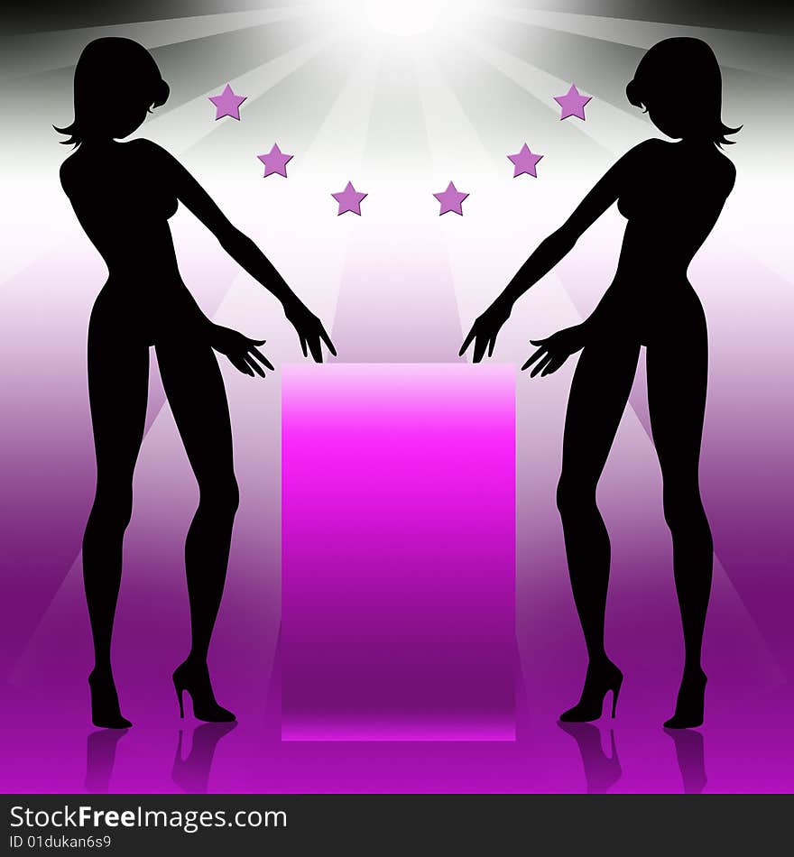 Two young  woman show a poster. Two young  woman show a poster