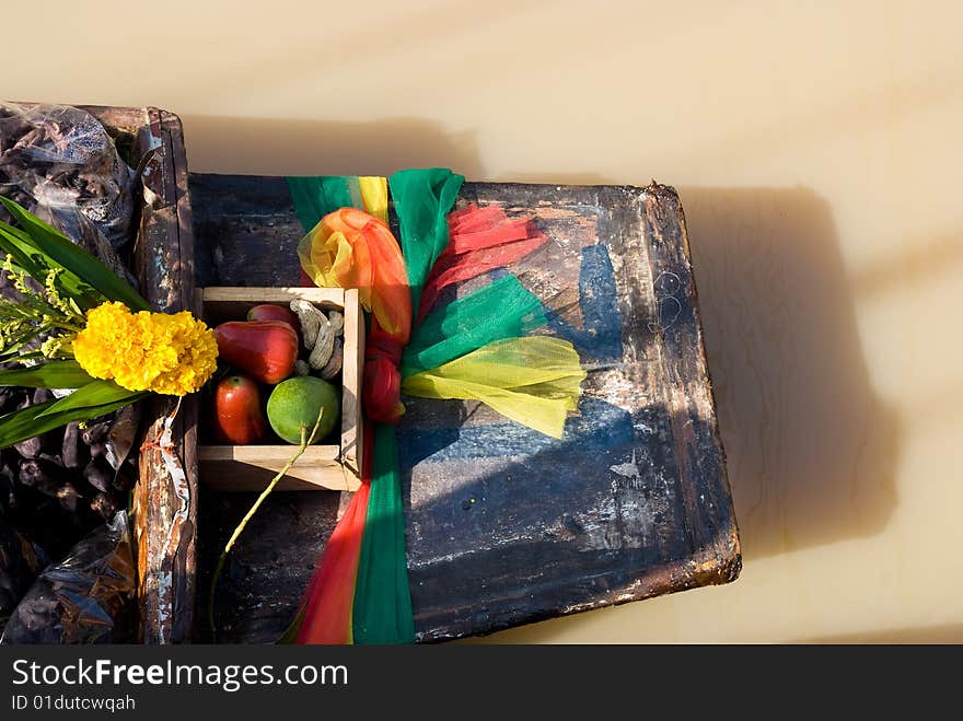 Bow of decorated, old, traditional wooden boat in Thailand. Bow of decorated, old, traditional wooden boat in Thailand.