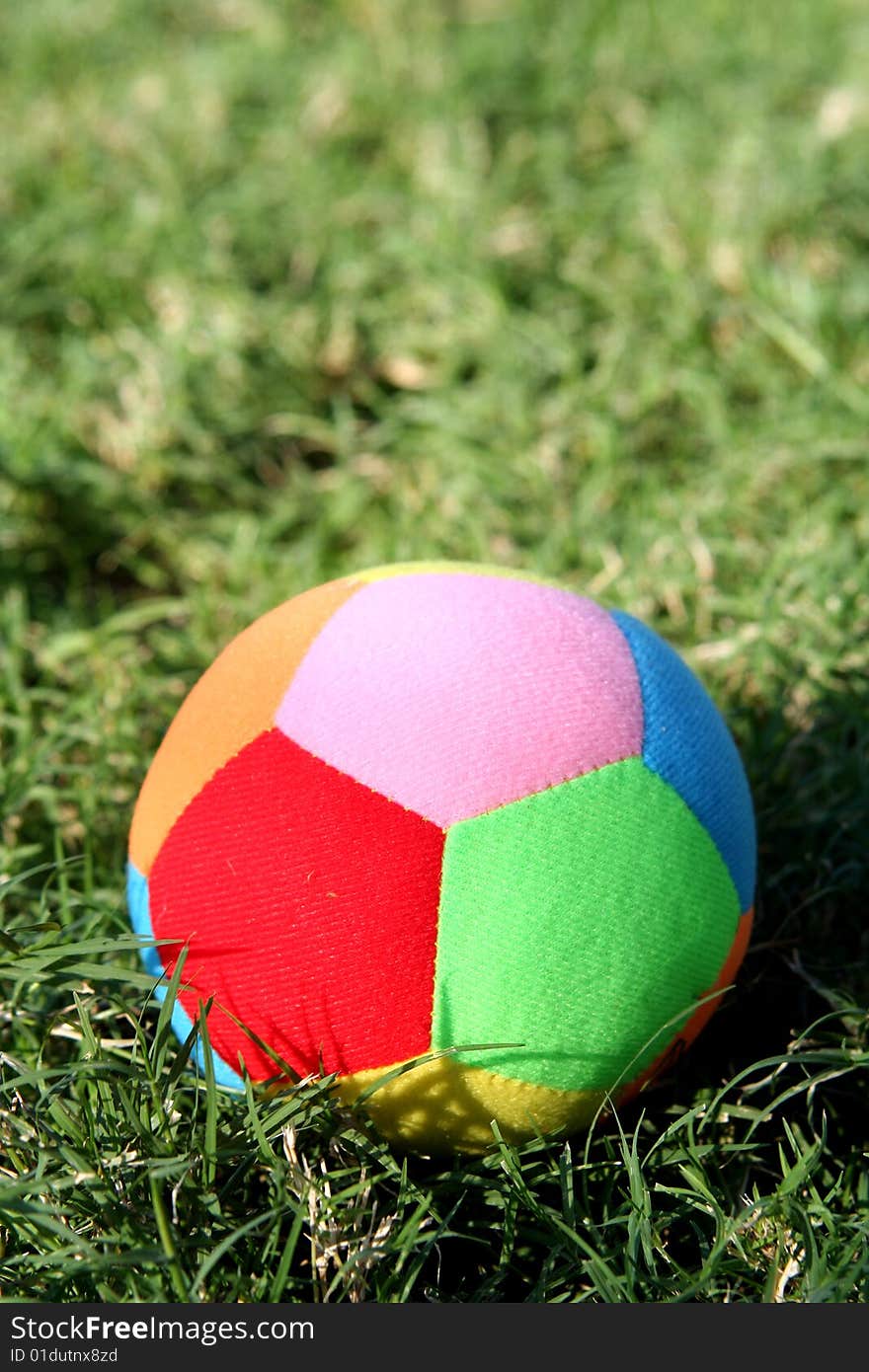 A coloured funny sporty ball on the grass. A coloured funny sporty ball on the grass