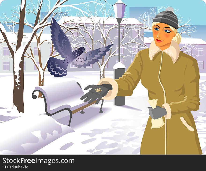 Girl feed bird, vector eps